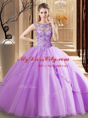 Affordable Tulle Scoop Sleeveless Brush Train Lace Up Beading Quinceanera Dress in Lavender