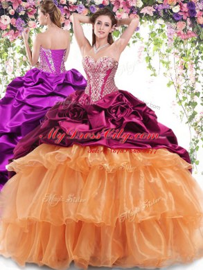 Sweetheart Sleeveless Organza and Taffeta Sweet 16 Quinceanera Dress Beading and Ruffled Layers and Pick Ups Brush Train Lace Up