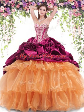 Sweetheart Sleeveless Organza and Taffeta Sweet 16 Quinceanera Dress Beading and Ruffled Layers and Pick Ups Brush Train Lace Up