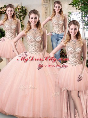Elegant Ball Gowns Sweet 16 Quinceanera Dress Peach Scoop Tulle Sleeveless Floor Length Lace Up