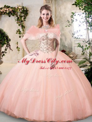 Elegant Ball Gowns Sweet 16 Quinceanera Dress Peach Scoop Tulle Sleeveless Floor Length Lace Up