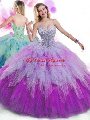 Sleeveless Lace Up Floor Length Beading and Ruffles Quinceanera Gown