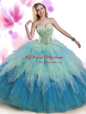 Sleeveless Lace Up Floor Length Beading and Ruffles Quinceanera Gown