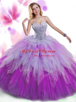Sleeveless Lace Up Floor Length Beading and Ruffles Quinceanera Gown
