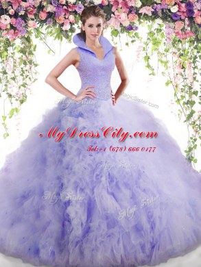 Custom Design Lavender Sweet 16 Quinceanera Dress Military Ball and Sweet 16 and Quinceanera and For with Beading and Ruffles High-neck Sleeveless Backless