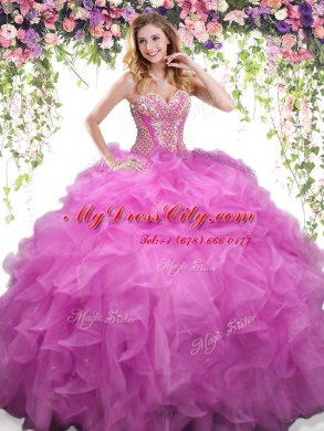 Lilac Ball Gowns Beading and Ruffles 15 Quinceanera Dress Lace Up Organza Sleeveless Floor Length