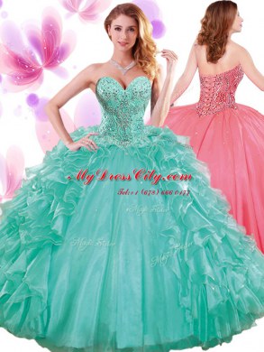 Noble Turquoise Organza Lace Up Sweetheart Sleeveless Floor Length Quince Ball Gowns Beading and Ruffles and Pick Ups