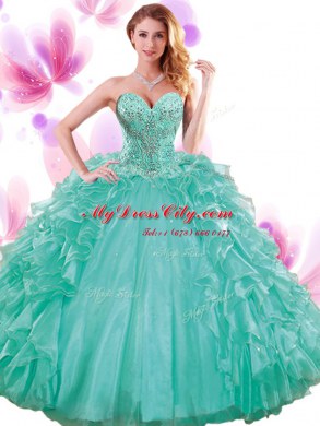 Noble Turquoise Organza Lace Up Sweetheart Sleeveless Floor Length Quince Ball Gowns Beading and Ruffles and Pick Ups