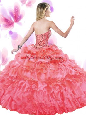 Noble Turquoise Organza Lace Up Sweetheart Sleeveless Floor Length Quince Ball Gowns Beading and Ruffles and Pick Ups