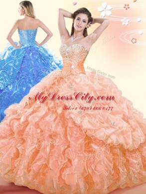 Orange Ball Gowns Organza Sweetheart Sleeveless Beading and Ruffles and Pick Ups Floor Length Lace Up Sweet 16 Quinceanera Dress