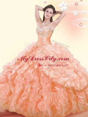 Orange Ball Gowns Organza Sweetheart Sleeveless Beading and Ruffles and Pick Ups Floor Length Lace Up Sweet 16 Quinceanera Dress