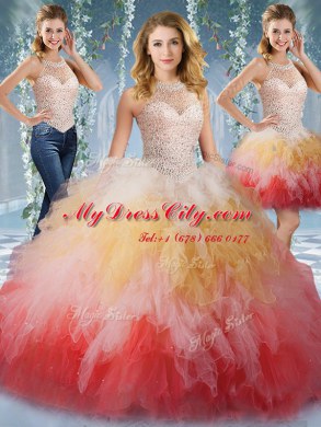 Amazing Halter Top Multi-color Tulle Lace Up Sweet 16 Dress Sleeveless Floor Length Beading and Ruffles