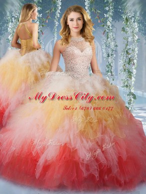 Amazing Halter Top Multi-color Tulle Lace Up Sweet 16 Dress Sleeveless Floor Length Beading and Ruffles