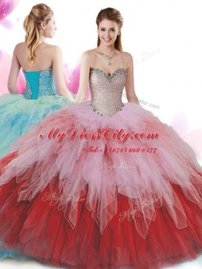 Multi-color Ball Gowns Beading and Ruffles Quinceanera Dress Lace Up Tulle Sleeveless Floor Length