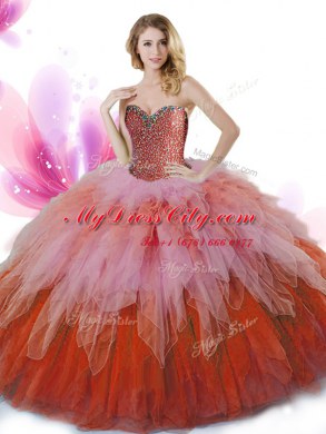 Multi-color Ball Gowns Beading and Ruffles Quinceanera Dress Lace Up Tulle Sleeveless Floor Length