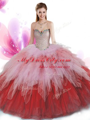 Multi-color Ball Gowns Beading and Ruffles Quinceanera Dress Lace Up Tulle Sleeveless Floor Length