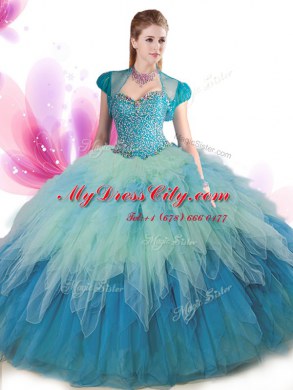 Multi-color Ball Gowns Beading and Ruffles Quinceanera Dress Lace Up Tulle Sleeveless Floor Length