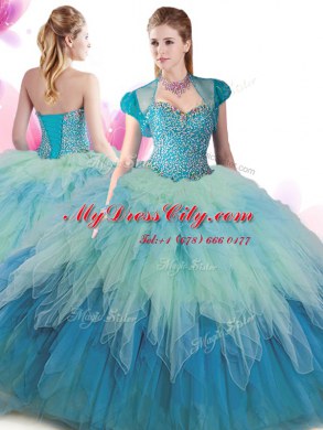 Multi-color Ball Gowns Beading and Ruffles Quinceanera Dress Lace Up Tulle Sleeveless Floor Length