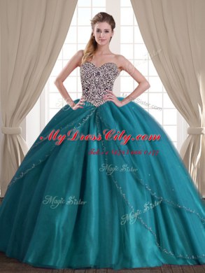 Sleeveless Brush Train Lace Up With Train Beading Sweet 16 Dress