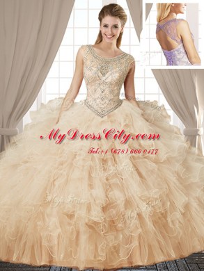Superior Floor Length Champagne Sweet 16 Dress Scoop Sleeveless Lace Up