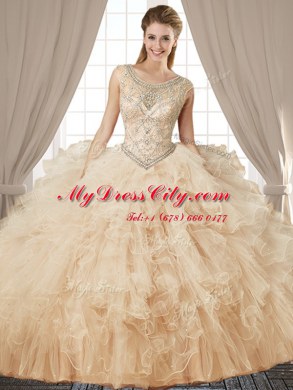 Superior Floor Length Champagne Sweet 16 Dress Scoop Sleeveless Lace Up