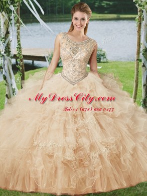 Superior Floor Length Champagne Sweet 16 Dress Scoop Sleeveless Lace Up