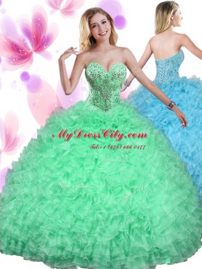 Sleeveless Beading and Ruffles Lace Up Quince Ball Gowns