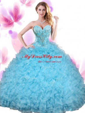 Sleeveless Beading and Ruffles Lace Up Quince Ball Gowns
