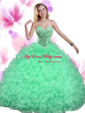 Sleeveless Beading and Ruffles Lace Up Quince Ball Gowns