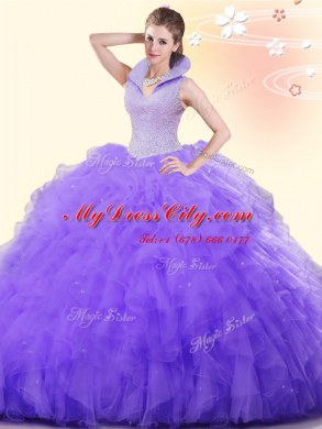 Fancy Lavender Tulle Backless Vestidos de Quinceanera Sleeveless Floor Length Beading and Ruffles