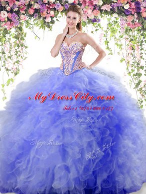 Inexpensive Beading and Ruffles Sweet 16 Dresses Blue Lace Up Sleeveless Floor Length