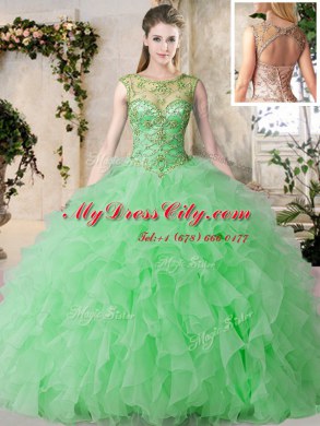 Shining Green Lace Up Scoop Beading and Ruffles Quinceanera Dresses Organza Sleeveless