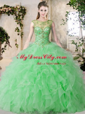 Shining Green Lace Up Scoop Beading and Ruffles Quinceanera Dresses Organza Sleeveless