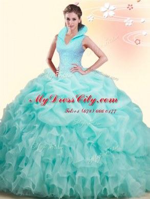 Best Apple Green Ball Gowns Organza High-neck Sleeveless Beading and Ruffles and Pick Ups Backless Quinceanera Gowns Brush Train