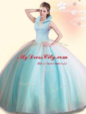 Aqua Blue Sleeveless Floor Length Beading Backless Sweet 16 Dress
