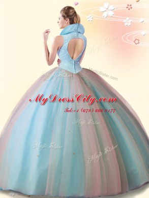 Aqua Blue Sleeveless Floor Length Beading Backless Sweet 16 Dress