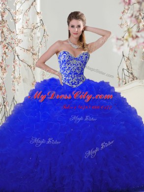 High End Royal Blue Tulle Lace Up Sweetheart Sleeveless Floor Length 15 Quinceanera Dress Beading and Appliques