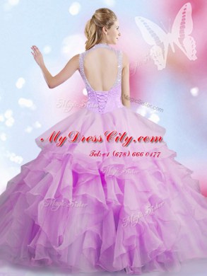 Custom Design Lilac Lace Up Quinceanera Gown Beading and Ruffles Sleeveless Floor Length