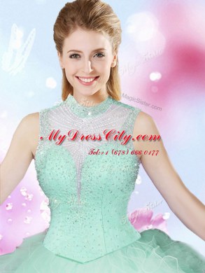 Fantastic Apple Green Tulle Lace Up 15 Quinceanera Dress Sleeveless Floor Length Beading and Ruffles