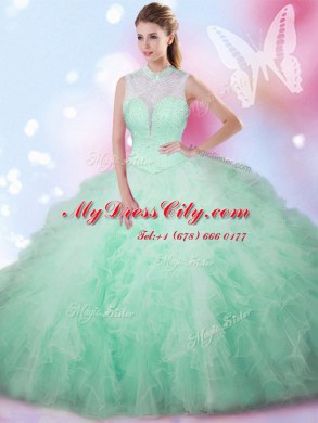Fantastic Apple Green Tulle Lace Up 15 Quinceanera Dress Sleeveless Floor Length Beading and Ruffles