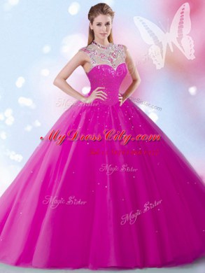 Dynamic Scoop Fuchsia Tulle Zipper Vestidos de Quinceanera Sleeveless Floor Length Beading and Sequins
