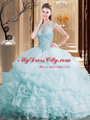 Glorious Scoop Sleeveless Beading and Ruffles and Pick Ups Lace Up 15 Quinceanera Dress with Light Blue Brush Train