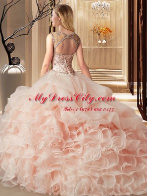 Glorious Scoop Sleeveless Beading and Ruffles and Pick Ups Lace Up 15 Quinceanera Dress with Light Blue Brush Train