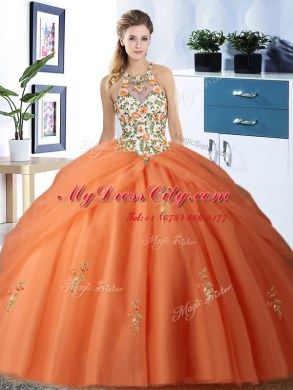 Orange Sweet 16 Quinceanera Dress Military Ball and Sweet 16 and Quinceanera and For with Embroidery and Pick Ups Halter Top Sleeveless Lace Up