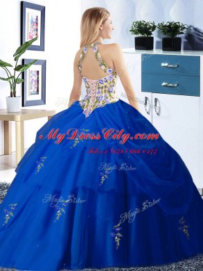 Orange Sweet 16 Quinceanera Dress Military Ball and Sweet 16 and Quinceanera and For with Embroidery and Pick Ups Halter Top Sleeveless Lace Up