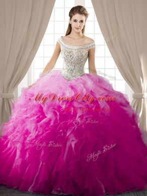 Elegant Fuchsia Off The Shoulder Neckline Beading and Ruffles Sweet 16 Quinceanera Dress Sleeveless Lace Up