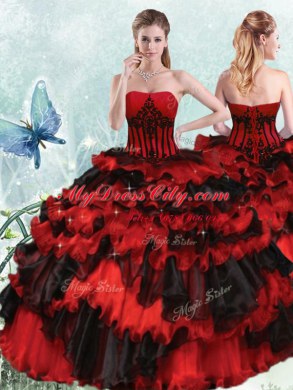 Decent Appliques and Ruffled Layers 15 Quinceanera Dress Red And Black Lace Up Sleeveless Floor Length