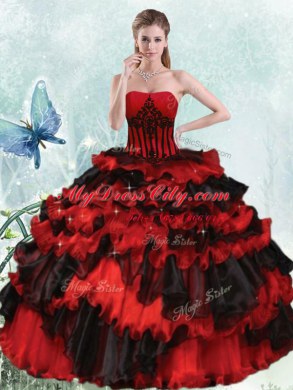 Decent Appliques and Ruffled Layers 15 Quinceanera Dress Red And Black Lace Up Sleeveless Floor Length