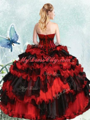 Decent Appliques and Ruffled Layers 15 Quinceanera Dress Red And Black Lace Up Sleeveless Floor Length