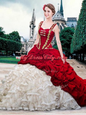White And Red Straps Lace Up Beading and Ruffles and Pick Ups 15th Birthday Dress Brush Train Sleeveless